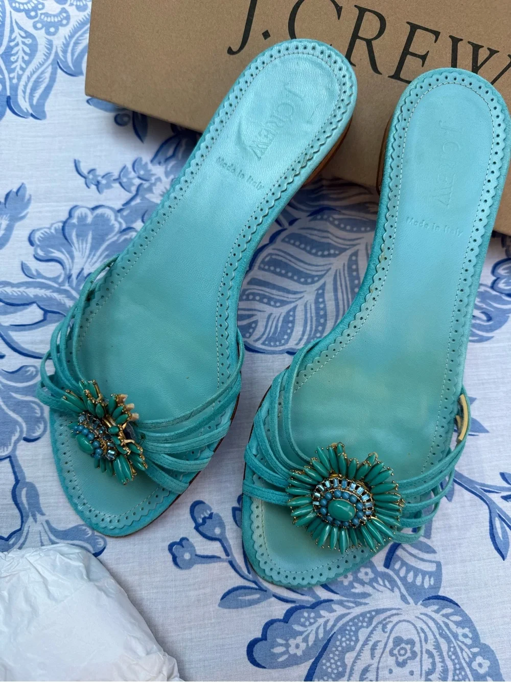 J Crew LYLA ITALIAN LEATHER SLIDES Sz 9 Fabulous Strappy Sandal Turquoise Shoes